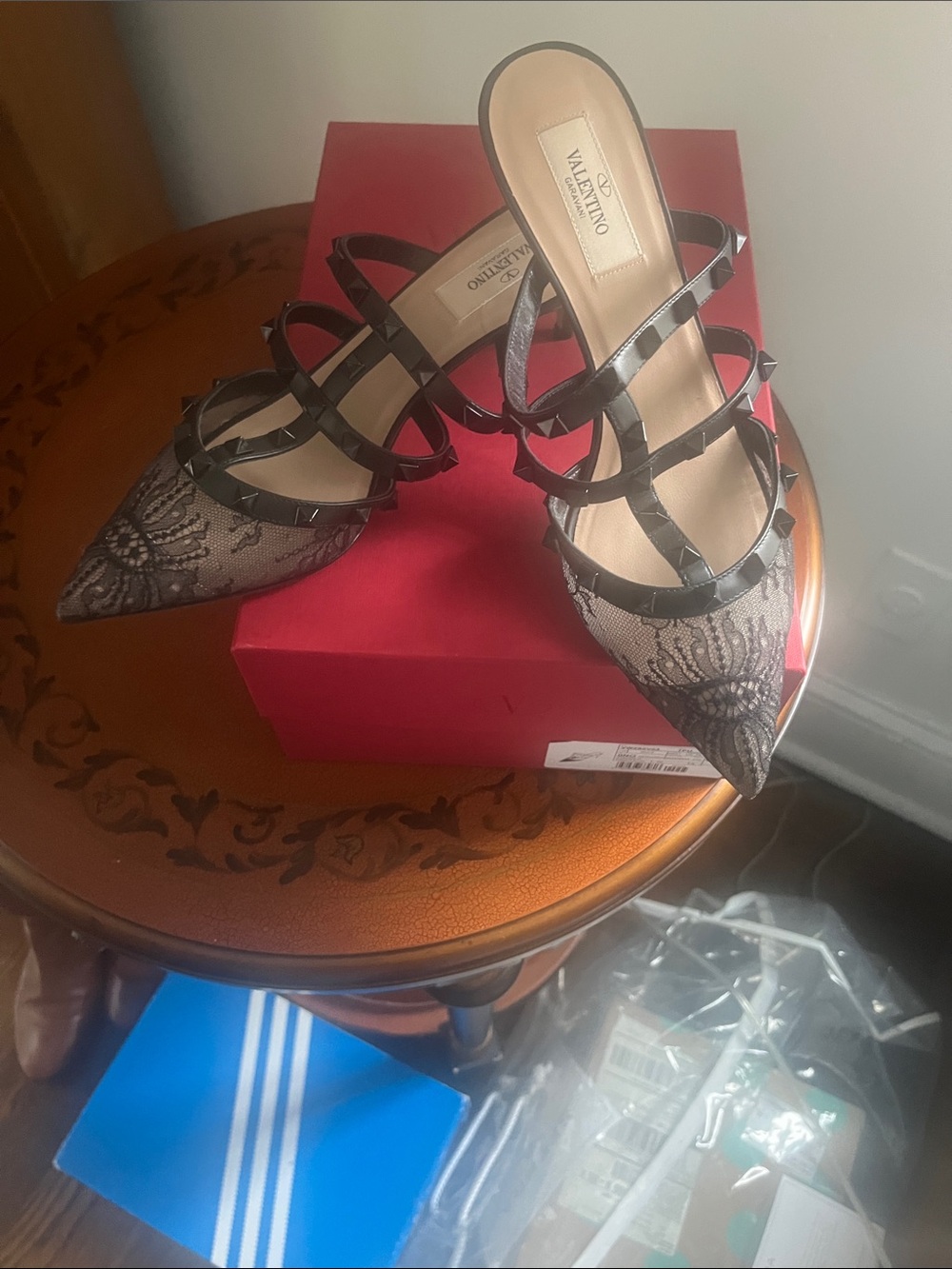 Valentino Black Lace Triple-Strap Pointed Mules with Rockstuds